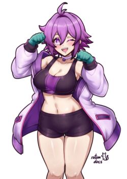 1girl ahoge artist_name black_shorts black_sports_bra blush breasts choker cleavage commentary commission cowboy_shot english_commentary gloves green_gloves hands_up jacket ko-fi_commission one_eye_closed open_clothes open_jacket open_mouth original purple_eyes purple_hair purple_jacket rotomdocs short_hair shorts signature smile solo sports_bra sportswear standing white_background workout_clothes