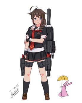 Rule 34 | 1girl, absurdres, ahoge, black gloves, black serafuku, black shirt, black skirt, black socks, blue eyes, bow, braid, brown hair, brown shoes, closed mouth, commentary request, fingerless gloves, full body, gloves, hair bow, hair flaps, hair over shoulder, highres, holding, holding umbrella, inica, kantai collection, loafers, long hair, necktie, pleated skirt, puffy short sleeves, puffy sleeves, rabbit, red bow, red necktie, rigging, school uniform, serafuku, shigure (kancolle), shirt, shoes, short sleeves, signature, simple background, single braid, skirt, smile, socks, solo, standing, umbrella, white background, yellow umbrella