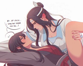 2girls ahoge arms_up bare_legs black_hair black_hanfu blue_sash blush breasts chinese_clothes cleavage coat commentary earrings english_commentary english_text flying_sweatdrops genderswap genderswap_(mtf) grey_coat grey_sash hair_down hair_ribbon half_updo hand_on_another&#039;s_thigh hanfu hansdumps headband highres jewelry lan_wangji large_breasts long_hair looking_at_another lying modao_zushi multiple_girls official_alternate_costume official_alternate_hairstyle on_back parted_lips profile purple_eyes red_ribbon red_sash ribbon robe sash sidelocks simple_background speech_bubble spread_legs sweat thigh_grab topknot wei_wuxian wei_wuxian_(yiling_laozu) white_background white_headband xiao_guan_(headdress) yellow_eyes yuri