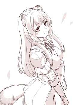 Rule 34 | 1girl, blunt bangs, breasts, closed mouth, collared dress, commentary request, dress, elbow gloves, expressionless, eyelashes, from side, gloves, high collar, long hair, long sleeves, looking at viewer, medium breasts, metal arm cuffs, metal wrist cuffs, neck ribbon, raphtalia, ribbon, shin (pixiv44881978), sketch, sleeveless, sleeveless dress, solo, straight hair, tate no yuusha no nariagari