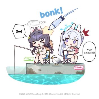 Rule 34 | > <, 2girls, animal ears, bikini, bird, blue archive, blue one-piece swimsuit, braid, character name, chibi, commentary, diamond mouth, donmin h, english commentary, english text, fake animal ears, fishing rod, grey hair, grey halo, halo, hat, holding, holding fishing rod, leaf, leaf on head, long hair, looking at another, low twin braids, miyako (blue archive), miyako (swimsuit) (blue archive), miyu (blue archive), miyu (swimsuit) (blue archive), multiple girls, no nose, official art, one-piece swimsuit, purple eyes, rabbit ears, seagull, side ponytail, sitting, speech bubble, straw hat, swimsuit, twin braids, v-shaped eyebrows, very long hair, water, xo