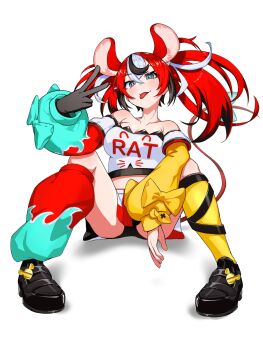 1girl animal_ears aqua_eyes bare_shoulders black_gloves black_hair black_shoes bow breasts cleavage clothes_writing commentary_request crop_top detached_sleeves eyelashes full_body gloves hair_ribbon hakos_baelz hakos_baelz_(1st_costume) highres hololive hololive_english long_hair manab_(manab101) midriff mouse_ears mouse_girl mouse_tail multicolored_hair red_hair ribbon shirt shoes simple_background single_glove single_leg_warmer single_thighhigh sitting smile solo tail thighhighs tongue tongue_out twintails v virtual_youtuber white_background white_hair white_ribbon white_shirt yellow_bow