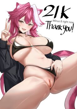 1girl animal_ears bikini bikini_bottom_aside black_bikini black_choker black_jacket blush breasts choker clothing_aside collarbone english_text fang fingernails hair_intakes highres hololive hololive_english jacket large_breasts lifting_own_clothes long_hair long_sleeves looking_at_viewer milestone_celebration multicolored_hair nail_polish navel open_clothes open_jacket open_mouth panther_ears panther_girl panther_tail pink_hair pink_nails pink_tail pussy raora_panthera shiny_skin si_farid simple_background skin_fang smile solo stomach streaked_hair swimsuit tail thighs two-tone_hair uncensored v virtual_youtuber white_background white_hair yellow_eyes
