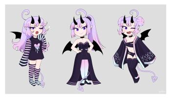 1girl ahoge alternate_costume alternate_hairstyle black_choker black_thighhighs breasts bubble chibi chibi_only choker cleavage demon_girl demon_horns demon_tail double_bun dress gaia_online gallaxi gradient_thighhighs grey_background hair_bun hand_up hands_on_own_hips heart heart_print high_heels horns huge_ahoge jacket long_shirt long_sleeves navel one_eye_closed open_mouth original outline ponytail purple_dress purple_eyes purple_hair purple_jacket purple_shirt sarashi shirt signature simple_background sleeveless sleeveless_dress sleeves_past_fingers sleeves_past_wrists strapless strapless_dress striped_clothes striped_sleeves striped_thighhighs tail thighhighs variations white_outline wings yawning