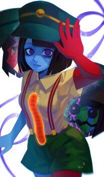 3girls black_hair blue_skin blunt_bangs blunt_ends bob_cut colored_skin commentary ena:_dream_bbq ena_(dream_bbq) ena_(series) ena_(species) green_ena green_hat hangover_ena hat highres hole_on_body looking_at_viewer multicolored_skin multiple_girls open_mouth red_skin salesperson_ena shirt short_sleeves simple_background smile symbol-only_commentary two-tone_skin usagimarumei