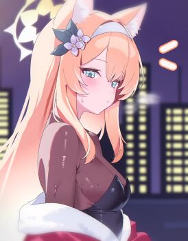 1girl animal_ear_fluff animal_ears black_leotard blue_archive blue_eyes blush bodysuit breasts cat_ears city city_lights closed_mouth coat commentary flower fur-trimmed_coat fur_trim hair_between_eyes hair_flower hair_ornament hairband halo heart highres leotard long_hair looking_at_viewer mari_(blue_archive) off_shoulder open_clothes open_coat orange_hair playboy_bunny poko050498 red_coat small_breasts strapless strapless_leotard sweat symbol-only_commentary white_flower white_hairband yellow_halo