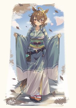 1girl absurdres agnes_tachyon_(umamusume) ahoge animal_ears belt belt_pouch blue_kimono blue_sky blush breasts brown_hair chemical_structure closed_mouth cloud commentary_request cork hair_between_eyes highres horse_ears horse_girl horse_tail huge_ahoge japanese_clothes jewelry kimono large_breasts long_sleeves looking_at_viewer medium_hair obi pouch red_eyes sash sky smile solo tail test_tube umamusume wide_sleeves woruta_(soloistlist)