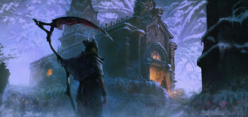 Rule 34 | 2others, ambiguous gender, anato finnstark, bloodborne, capelet, character request, church, commentary, holding, holding scythe, multiple others, outdoors, scythe, snow, stairs, stone stairs