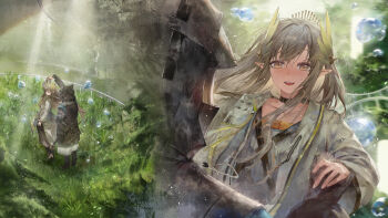 1girl 1other absurdres arknights arm_behind_back arm_up black_choker black_coat black_gloves boots brown_boots brown_eyes choker coat collarbone commentary dancing doctor_(arknights) elf from_behind fudepenbrushpen gloves grass grey_hair highres holding_hands hood hood_up hooded_coat laurel_crown long_hair long_sleeves looking_at_another mole mole_under_eye muelsyse_(arknights) multiple_views open_mouth outdoors pine_tree pointy_ears smile standing sunlight teeth tree upper_teeth_only water white_coat wide_shot