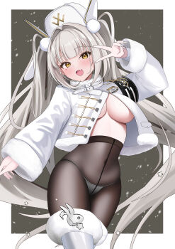 1girl :d absurdres armband blanc_(fortune_express)_(nikke) blanc_(nikke) blush boots border breasts brown_pantyhose buckle cleavage collar commentary covered_navel crotch_seam fang fur-trimmed_jacket fur-trimmed_sleeves fur_trim goddess_of_victory:_nikke grey_background hair_ornament hat heart highres jacket large_breasts long_hair long_sleeves looking_at_viewer nail_polish no_bra official_alternate_costume onabe_no_shime open_clothes open_jacket open_mouth outside_border panties panties_under_pantyhose pantyhose pom_pom_(clothes) pom_pom_hair_ornament simple_background skin_fang smile snowing solo star_(symbol) star_hair_ornament thigh_boots twintails underwear v very_long_hair white_boots white_border white_hat white_jacket white_nails white_panties yellow_eyes