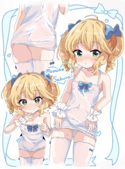+_+ absurdres ahoge armpit_crease arms_up ass bare_shoulders blue_bow blush bow bow_background bow_legwear breast_cutout breasts bright_pupils chestnut_mouth closed_mouth clothing_cutout collarbone cowboy_shot dot_nose dress drill_hair gluteal_fold green_eyes hair_bow hands_on_own_hips heart highres idolmaster idolmaster_cinderella_girls idolmaster_cinderella_girls_u149 leaning_forward light_blush loli looking_at_viewer medium_hair navel_cutout nipples nose_blush open_mouth remiri_nicoeli sakurai_momoka see-through_clothes see-through_dress shiny_skin simple_background small_breasts smile spoken_heart sundress thigh_gap thighhighs twin_drills twintails white_background white_thighhighs wrist_cuffs