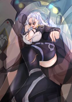 1girl :p adjusting_eyewear adjusting_glasses artist_request ass black_boots black_thighhighs blue_eyes boots bracelet breasts cleavage collar earrings female_focus highres hoop_earrings huge_breasts jewelry large_breasts last_origin long_hair looking_at_viewer looking_over_eyewear looking_over_glasses sitting solo sonia_of_devastation spiked_bracelet spiked_collar spikes sunglasses tagme thigh_boots thighhighs tinted_eyewear tongue tongue_out white_hair