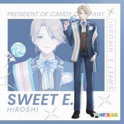 Rule 34 | 1boy, ahoge, black footwear, blonde hair, blue brooch, blue eyes, blue jacket, blue pants, bow, brown vest, candy, character name, closed mouth, collared shirt, commentary, dress shoes, earrings, english commentary, english text, food, full body, grid, holding, holding candy, holding food, holding lollipop, jacket, jewelry, logo, lollipop, male focus, nasioisi i, nexas (vtuber agency), official art, pants, scarf, shirt, single earring, striped bow, striped clothes, striped scarf, sweet e. hiroshi, vest, virtual youtuber, white shirt