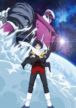 Rule 34 | 1boy, black hair, black jacket, black pants, boots, closed mouth, crossed arms, diffraction spikes, earth (planet), gloves, jacket, lens flare, looking at viewer, male focus, mecha, official art, pants, planet, robot, scarf, science fiction, sky, smile, snowball earth, space, standing, star (sky), starry sky, studio kai, white gloves, white scarf, yabusame tetsuo, yukio (snowball earth)