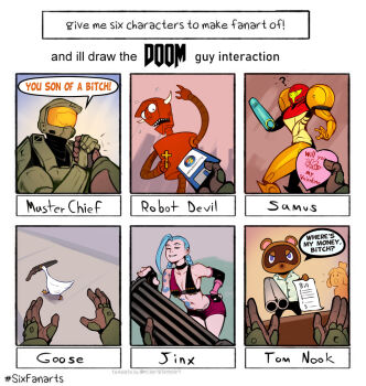 ahoge aiming aiming_at_viewer animal_crossing arm_cannon bikini bikini_top_only bird blue_hair braid breasts character_name chasing commentary cross crossover doom_(series) doomguy double-barreled_shotgun energy_cannon english_commentary english_text fingerless_gloves floppy_disk flying_sweatdrops futurama gatling_gun gloves goose goose_(untitled_goose_game) gun halo_(game) halo_(series) handshake helmet huge_ahoge isabelle_(animal_crossing) izra jinx_(league_of_legends) league_of_legends looking_at_viewer machine_gun master_chief medium_machine_gun meme metroid microsoft_windows minigun multiple-barrel_gun multiple_crossover multiple_drawing_challenge nintendo parody phallic_symbol pov power_suit power_suit_(metroid) predator_(1987) predator_(series) profanity robot_devil rotary_machine_gun samus_aran sawed-off_shotgun shorts shotgun side-by-side-barreled_shotgun six_fanarts_challenge small_breasts swimsuit template tom_nook_(animal_crossing) twin_braids untitled_goose_game valentine varia_suit weapon windows_vista