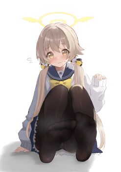Rule 34 | 1girl, absurdres, blonde hair, blue archive, blush, feet, foot focus, hifumi (blue archive), highres, long hair, looking at viewer, low twintails, open mouth, panties, panties under pantyhose, pantyhose, pantyshot, saibashi (develop komono), soles, steam, toes, twintails, underwear, yellow eyes