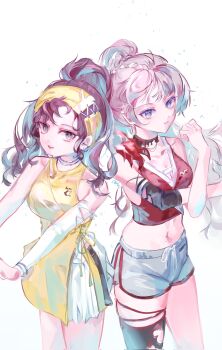 2girls :d absurdres arm_warmers black_choker black_leggings blue_eyes breasts brown_hair choker cirah_0 cleavage cowboy_shot dikke_(reverse:1999) dikke_(the_pointy_end_up)_(reverse:1999) disembodied_hand dolphin_shorts dress elbow_pads exercising grey_hair grey_shorts hairband hand_up headgear highres leggings long_hair looking_at_viewer medium_breasts midriff multiple_girls navel open_mouth outstretched_arms ponytail red_tank_top reverse:1999 short_dress short_shorts shorts single_arm_warmer single_detached_legging single_elbow_pad sleeveless sleeveless_dress smile sportswear tank_top tennis_uniform tooth_fairy_(ace_through_the_bagel)_(reverse:1999) tooth_fairy_(reverse:1999) torn_clothes torn_leggings white_arm_warmers white_background yellow_dress yellow_hairband