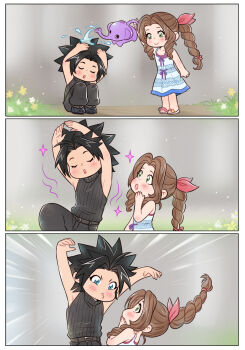 1boy 1girl aerith_gainsborough arms_up baggy_pants bare_shoulders black_hair blue_dress blue_eyes blush boots braid braided_ponytail brown_hair chibi commentary couple crisis_core:_final_fantasy_vii crylin6 dress drill_hair drill_sidelocks emphasis_lines final_fantasy final_fantasy_vii flower green_eyes hair_ribbon highres holding holding_watering_can long_hair looking_at_another motion_lines open_mouth pants parted_bangs pink_ribbon ribbed_sweater ribbon sandals sequential short_hair sidelocks sleeveless sleeveless_turtleneck sparkle spiked_hair squatting standing sweater symbol-only_commentary turtleneck turtleneck_sweater water watering_can white_flower yellow_flower zack_fair