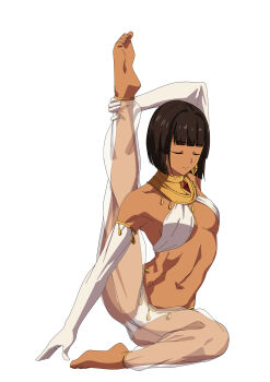 1girl abs absurdres ancient_egyptian_clothes bob_cut breasts brown_hair calm closed_eyes criss-cross_halter dark-skinned_female dark_skin earrings excaliblader gloves halterneck harem_outfit highres jewelry leg_lift leg_up meditation navel original panties rana_(original_character) red_eyes short_hair sideboob spread_legs stretching toned toned_female toned_stomach translucent underboob underwear white_panties yoga