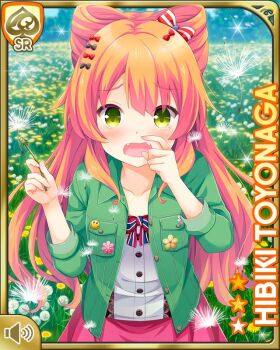 1girl bow card_(medium) character_name closeup day fangs field girlfriend_(kari) grass green_eyes hair_bow jacket official_art open_mouth orange_hair pink_skirt purple_thighhighs qp:flapper red_neckwear ribbon shirt skirt sneezing standing tagme teal_jacket thighhighs toyonaga_hibiki white_shirt