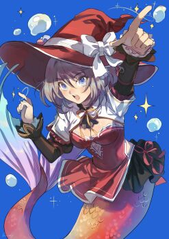 1girl absurdres arm_up aubz black_sleeves blue_background blue_eyes blush bow breasts cleavage collar commentary commission commissioner_upload covered_navel dress english_commentary english_text fins frilled_dress frilled_sleeves frills gradient_tail grey_hair hair_ornament hat hat_ornament highres hydrokinesis isla_(cophocoa) large_hat magic md5_mismatch medium_breasts medium_hair mermaid monster_girl open_mouth original pointing red_dress red_hat red_ribbon red_tail ribbon scales signature solo sparkle teeth upper_teeth_only vgen_commission water white_bow wide_brim witch_hat yellow_ribbon