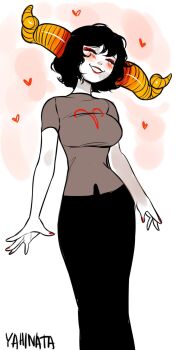 1girl alien alternate_design alternate_hair_length alternate_hairstyle alternate_skin_color aradia_megido aries_(symbol) artist_name black_hair black_skirt blush breasts closed_eyes colored_skin eyeshadow feet_out_of_frame fingernails flat_color goat_horns gradient_horns grey_shirt heart highres homestuck horns large_breasts large_horns long_skirt makeup multicolored_horns nail_polish orange_horns red_eyeshadow red_horns red_lips red_nails sheep_horns shirt short_hair sketch skirt smile solo spread_fingers t-shirt troll_(homestuck) white_background white_skin yahinatakz yellow_horns zodiac