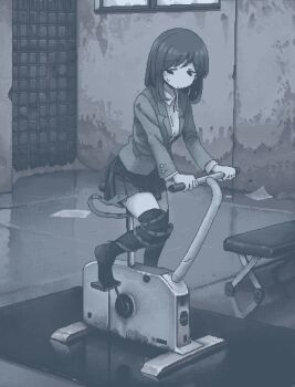 1girl animal bench blazer blue_theme closed_mouth collared_shirt commentary_request dithering exercise_bike exercising full_body glass_block_wall hamsterfragment imminent_bite indoors jacket jaggy_lines long_sleeves looking_down medium_hair monochrome no_nose no_shoes original over-kneehighs paper pleated_skirt reflective_floor school_uniform shirt sitting skirt snake snake_wrapped_around_leg solo shinohata_sachie_(hamsterfragment) thighhighs window