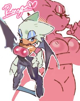 1girl absurdres animal_ears animal_nose arm_under_breasts bat_girl bat_wings black_unitard blue_eyes blue_eyeshadow breasts character_name cleavage commentary elbow_gloves english_commentary eyeshadow full_body furry furry_female gloves half-closed_eyes hand_on_own_hip heart high_heels highres large_breasts linesharkart looking_at_viewer makeup multiple_views open_mouth rouge_the_bat solo_focus sonic_(series) standing strapless white_fur white_gloves wings