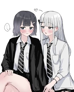 ... 2girls black_hair black_jacket black_necktie blazer blue_eyes blush bracelet breast_pocket closed_mouth collared_shirt commentary heart highres jacket jewelry long_hair looking_at_another mole mole_under_eye multiple_girls necktie original pocket school_uniform shirt short_hair simple_background sitting spoken_ellipsis ssrbonknow striped_necktie sweat symbol-only_commentary white_background white_hair white_shirt yuri