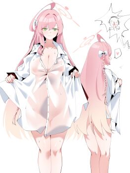1boy 1girl absurdres ahoge doodle_sensei_(blue_archive) blood blue_archive blush bow braid breasts cleavage closed_mouth covered_erect_nipples green_eyes hair_between_eyes hair_bow halo hanako_(blue_archive) hanako_(swimsuit)_(blue_archive) heart highres large_breasts long_hair long_sleeves multiple_views naked_shirt nipples nosebleed pink_hair plentyofempty see-through_clothes see-through_shirt sensei_(blue_archive) shirt side_braid simple_background spoken_heart sweat very_long_hair white_background white_bow white_shirt