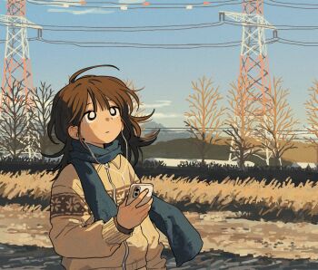 Rule 34 | 1girl, bare tree, black eyes, blue scarf, blue sky, bright pupils, brown hair, brown jacket, cellphone, cloud, day, earphones, highres, holding, holding phone, jacket, long hair, long sleeves, looking up, mountainous horizon, original, outdoors, phone, power lines, scarf, scenery, sihyun25, sky, smartphone, solo, transmission tower, tree, upper body, white pupils