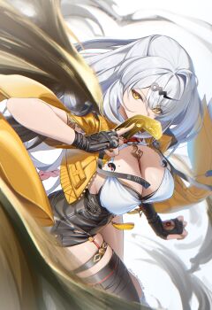 1girl black_gloves black_shorts breasts cleavage commentary_request fingerless_gloves gloves hair_ornament hairclip high-waist_shorts highres hino_kagutsuki holding holding_ofuda jacket large_breasts long_hair looking_to_the_side mole mole_on_breast ofuda shorts single_thighhigh solo thighhighs white_background white_hair yellow_eyes yellow_jacket yin_yang_pin yixuan_(zenless_zone_zero) zenless_zone_zero