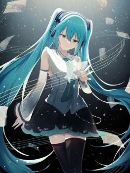 1girl absurdres ama_no_tou aqua_eyes aqua_hair aqua_nails aqua_necktie aqua_trim artist_self-reference black_skirt blush closed_mouth collared_shirt commentary detached_sleeves hair_between_eyes hair_ornament hatsune_miku hatsune_miku_(nt) headset highres long_hair long_sleeves necktie official_alternate_costume piapro_studio pleated_skirt shirt skirt sleeveless sleeveless_shirt smile solo thighhighs very_long_hair vocaloid white_shirt zettai_ryouiki