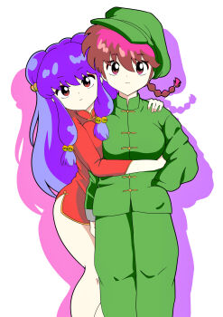 2girls absurdres braid braided_ponytail chinese_clothes hair_ornament highres hug looking_at_viewer multiple_girls purple_hair ranma-chan ranma_1/2 red_eyes red_hair saotome_ranma shampoo_(ranma_1/2) tagme