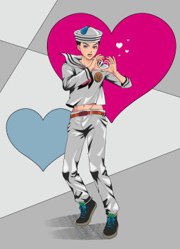 1boy absurdres black_hair black_shoes blue_eyes commentary_request dixie_cup_hat expressionless four-finger_heart_hands full_body hat heart heart_hands higashikata_josuke_(jojolion) highres hip_bones hokkyoku_(uuunnoo2) jojo_no_kimyou_na_bouken jojolion male_focus midriff military_hat navel pants sailor_collar sailor_shirt shirt shoes solo white_hat white_pants white_sailor_collar