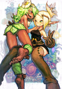 Rule 34 | 2girls, amalia sheran sharm, ankama, ankle wrap, ass, barefoot, blonde hair, boots, breasts, cra (wakfu), cra f, dark-skinned female, dark skin, dirty, dirty feet, evangelyne (wakfu), feet, flower, foot focus, freckles, gloves, green eyes, green hair, hair flower, hair ornament, highres, jonpei, leaf, long hair, long pointy ears, mechanical arms, monster, multiple girls, one eye closed, pointy ears, ponytail, red eyes, sadida, sadida f, single mechanical arm, skirt, sleeveless, soles, teeth, thigh boots, thighhighs, toes, tusks, wakfu, wink