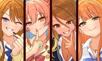 4girls 82k_mugi black_nails bow bowtie breasts brown_hair cleavage collage eyelashes finger_to_mouth gakuen_idolmaster green_eyes grey_eyes grin gyaru heart heart_necklace highres idolmaster idolmaster_cinderella_girls idolmaster_million_live! idolmaster_shiny_colors izumi_mei jewelry jougasaki_mika kogal loose_bowtie mole mole_under_eye multiple_girls necklace one_eye_closed open_collar orange_hair pink_hair pink_nails portrait ring school_uniform shiun_sumika smile tokoro_megumi v v_over_mouth yellow_eyes yellow_nails