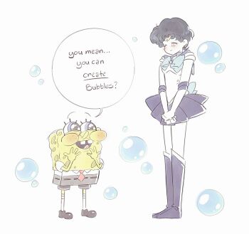 1boy 1girl bishoujo_senshi_sailor_moon bubble crossover english_text full_body highres magical_girl mercuri0ff open_mouth pleated_skirt sailor_collar sailor_mercury sailor_senshi_uniform short_hair simple_background skirt smile speech_bubble spongebob_squarepants spongebob_squarepants_(series) standing white_background wide_oval_eyes