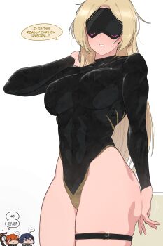 ... 3girls :3 =_= ? absurdres alternate_costume arm_behind_back belle_(zenless_zone_zero) belt belt_buckle black_belt black_horns black_leotard black_mask blindfold_mask blonde_hair blue_hair breasts buckle chibi chibi_inset closed_mouth commentary_request covered_abs covered_collarbone covered_erect_nipples covered_eyes covered_navel cowboy_shot english_text eye_mask flying_sweatdrops hair_ornament hairclip hand_in_own_hair hand_up highleg highleg_leotard highres horns korean_commentary large_breasts leotard long_hair long_sleeves magus_(zenless_zone_zero) mask mechanical_tail motion_lines multiple_girls oddsnail orange_hair orphie_magnusson parted_bangs parted_lips pointy_ears short_hair simple_background skindentation smile sparkle speech_bubble spoken_ellipsis standing sweatdrop tail thigh_belt thigh_strap trigger_(zenless_zone_zero) very_long_hair white_background zenless_zone_zero