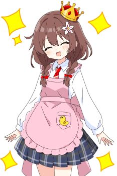 Rule 34 | 1girl, :d, ^ ^, apron, blue skirt, blush, bow, braid, brown hair, closed eyes, collared shirt, commentary request, cowboy shot, crown, dot nose, flower, hair bow, hair flower, hair intakes, hair ornament, highres, kotatsu-mazoku, long hair, long sleeves, necktie, open mouth, original, pink apron, pink apron girl (kotatsu-mazoku), plaid clothes, plaid skirt, pleated skirt, red bow, red necktie, shirt, sidelocks, simple background, skirt, smile, solo, sparkle, striped clothes, striped necktie, twin braids, white background, white flower, white shirt