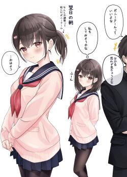 1boy 1girl black_hair black_jacket black_pants black_pantyhose blue_sailor_collar blue_skirt blush bow breasts cardigan closed_mouth commentary_request hair_between_eyes hair_bow hair_ornament harumiya_saki highres jacket long_hair looking_at_viewer neckerchief original pants pantyhose pink_bow pink_cardigan pleated_skirt ponytail red_eyes red_neckerchief sailor_collar school_uniform serafuku shirt short_hair skirt smile speech_bubble thought_bubble translation_request yukimaru217