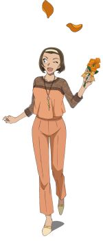 Rule 34 | 1girl, ;d, bow, brown hair, collarbone, falling petals, flower, full body, hairband, high heels, highres, holding, holding flower, jewelry, looking to the side, meitantei conan, official art, one eye closed, open mouth, orange bow, orange flower, orange pants, orange petals, orange rose, orange shirt, pants, pendant, petals, rose, see-through clothes, see-through sleeves, shirt, shoes, short hair, simple background, smile, solo, standing, suzuki sonoko, transparent background, yellow hairband, yellow shoes
