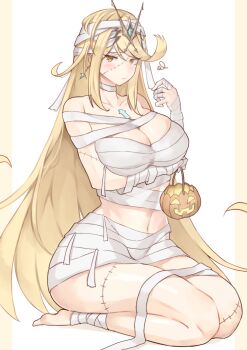 1girl absurdres arm_under_breasts bandaged_fingers bandages barefoot blonde_hair border breasts chest_jewel cleavage closed_mouth commentary_request core_crystal_(xenoblade) earrings gem green_gemstone halloween halloween_bucket halloween_costume highres jewelry large_breasts long_hair looking_at_viewer mummy_costume mythra_(xenoblade) naked_bandage navel outside_border pillarboxed seiza sitting solo stitched_arm stitched_face stitched_leg stitches tiara very_long_hair white_background xenoblade_chronicles_(series) xenoblade_chronicles_2 yellow_border yellow_eyes yotsuha_uni
