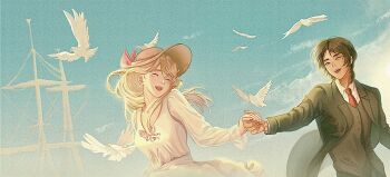 1boy 1girl bird blonde_hair bow breasts brown_hair closed_eyes collared_shirt commentary couple dress english_commentary eren_yeager green_jacket grey_vest hat hat_bow hetero highres holding_hands iaisotria jacket krista_lenz laughing long_hair medium_breasts necktie open_mouth outdoors pink_bow red_necktie shingeki_no_kyojin ship shirt short_hair smile suit_jacket sun_hat upper_body vest waistcoat watercraft white_dress white_shirt