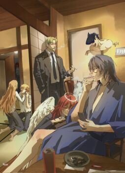 2girls 5boys androgynous angel_devil_(chainsaw_man) angel_wings arms_and_wings artist_name ashtray barefoot beam_(chainsaw_man) black_hair black_jacket black_necktie black_pants blonde_hair blue_robe can chainsaw_man collared_shirt denji_(chainsaw_man) drink_can facial_mark hair_between_eyes halo hand_in_pocket hashtag-only_commentary hayakawa_aki highres jacket kishibe_(chainsaw_man) kneeling long_hair makima_(chainsaw_man) meowy_(chainsaw_man) multiple_boys multiple_girls nasimuichii necktie pants pants_rolled_up parted_bangs pointy_ears power_(chainsaw_man) red_hair robe scratching shark_boy sharp_teeth shirt short_hair sitting smoke smoking strangling suit_jacket teeth topless_male traditional_halo white_shirt window wings