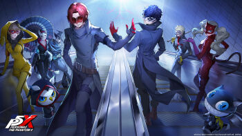 3girls 4girls amamiya_ren animal arai_motoha artist_request belt belt_buckle bird black_hair black_hat black_pants blonde_hair brown_belt buckle cat closer_(p5x) copyright_name crossed_arms domino_mask escalator eye_mask gloves grin hat highres holding holding_sword holding_umbrella holding_weapon hood hood_up joker_(persona_5) kamishiro_nagisa kanou_shun lips looking_at_viewer lufel_(p5x) mask masked morgana_(persona_5) multiple_girls official_art oil-paper_umbrella owl panther_(persona_5) pants persona persona_5 persona_5:_the_phantom_x pink_gloves pink_lips red_gloves red_mask sakamoto_ryuuji short_hair skull_(persona_5) smile soy_(p5x) sword takamaki_anne tanemura_riko teeth third-party_source umbrella weapon white_mask wind_(p5x) wonder_(p5x)