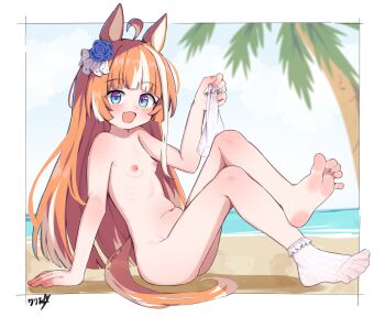 1girl absurdres ahoge akikawa_yayoi_(umamusume) animal_ears barefoot beach blue_eyes boppin breasts feet flower hair_flower hair_ornament highres horse_ears horse_girl horse_tail loli looking_at_viewer multicolored_hair nipples nude orange_hair single_sock small_breasts socks soles solo tail toes umamusume white_socks