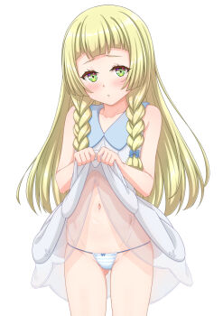 1girl blonde_hair blush braid closed_mouth clothes_lift collared_dress commentary_request cowboy_shot dress dress_lift eyelashes green_eyes lifting_own_clothes lillie_(pokemon) long_hair looking_at_viewer navel nintendo panties pokemon pokemon_sm shakunetsujigoku simple_background sleeveless solo twin_braids underwear white_background white_dress