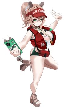 Rule 34 | 1girl, ass, bikini, breasts, brown sandals, butt crack, cellphone, closed mouth, crop top, crossed bangs, full body, green bikini, green eyes, hair between eyes, hat, high ponytail, highres, holding, holding phone, indie virtual youtuber, large breasts, life vest, lifeguard, looking at viewer, nimi nightmare, nimi nightmare (lifeguard), official alternate costume, official alternate hairstyle, phone, ponytail, red hat, red vest, redi (rasec asdjh), sandals, short hair, simple background, smartphone, smile, solo, standing, standing on one leg, swimsuit, tank top, v, vest, virtual youtuber, visor cap, whistle, whistle around neck, white background, white tank top