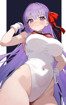1girl absurdres armpits bare_shoulders bb_(fate) bb_(swimsuit_mooncancer)_(third_ascension)_(fate) blush breasts closed_mouth coco_irasuto collared_leotard commission covered_navel fate/extra fate/extra_ccc fate/grand_order fate_(series) gloves hair_ribbon highleg highleg_leotard highres large_breasts leotard long_hair looking_at_viewer pixiv_commission purple_eyes purple_hair red_ribbon ribbon smile solo thighs very_long_hair white_gloves white_leotard